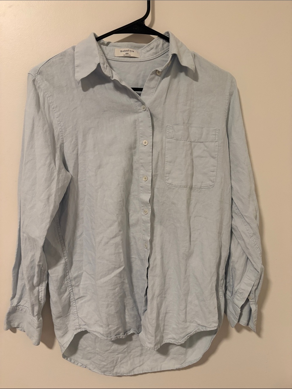 Babaton Aritzia Blue Linen Blend Button Down Shirt Work Office Career Business